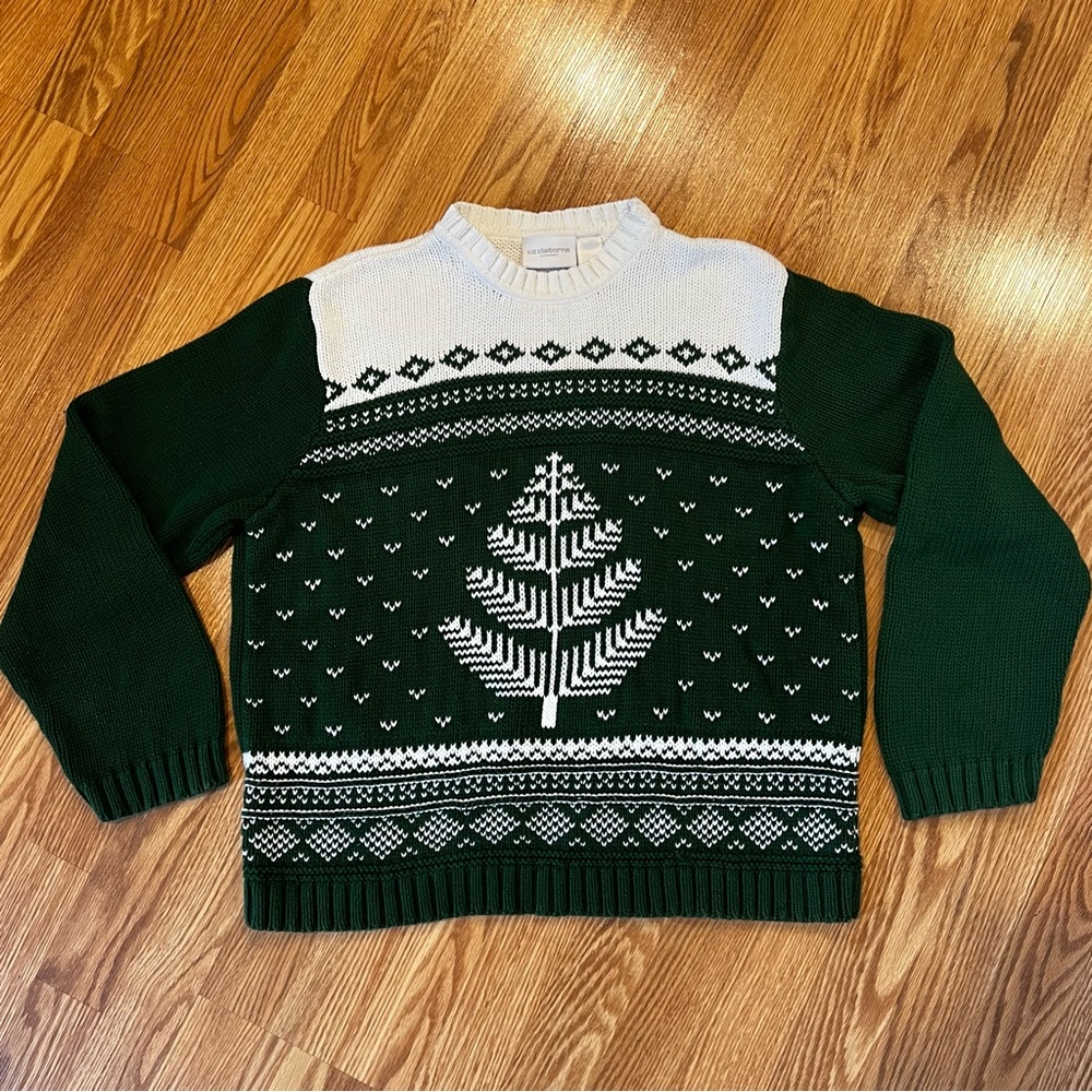 Liz Claiborne Sport Green White Christmas‎ Tree Sweater XL